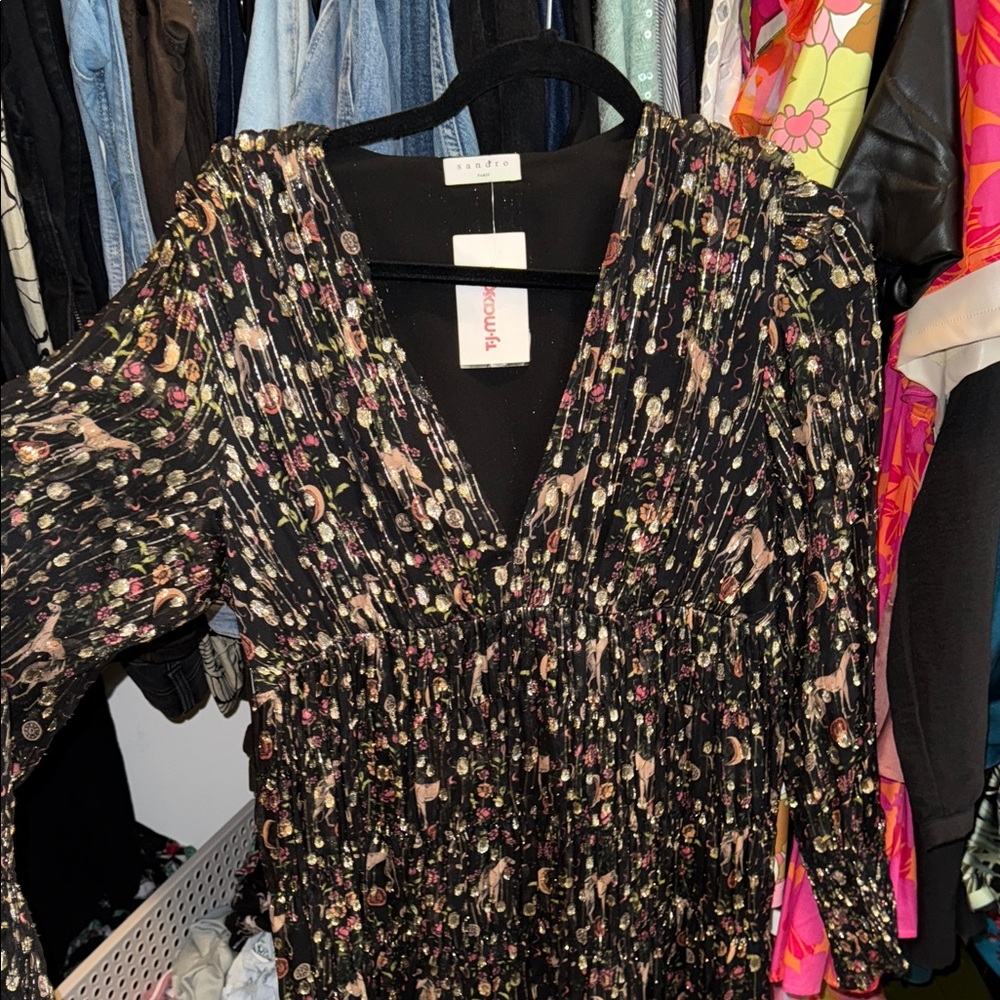 Sandro Black Floral Maxi Dress with Pink & Cream Blooms
